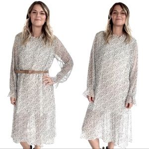 Sheer Ruffle Collar Accordion Pleat Drop Waist Midi Shift Flapper Dress LARGE